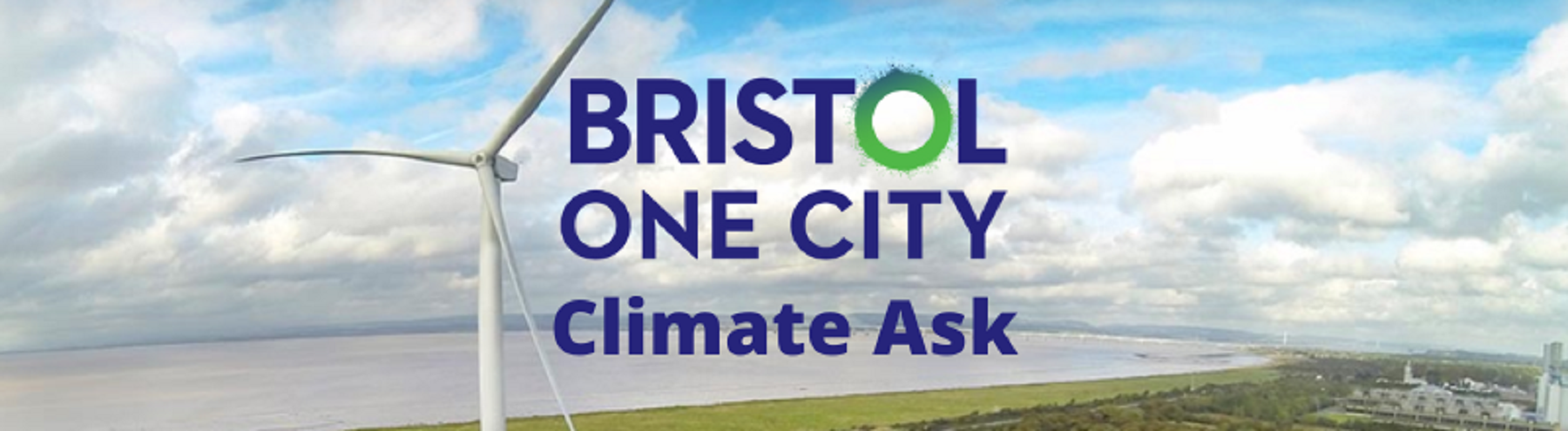 Image of wind turbine with the Severn as a backdrop with a link to the Bristol One City Climate Ask