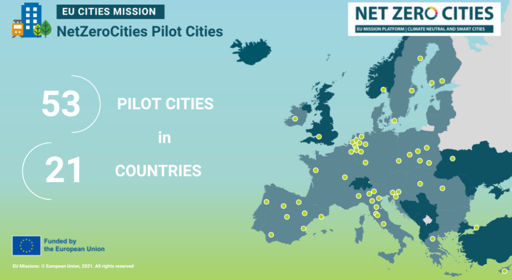 Bristol on a map of European as one of 54 pilot cities for the Net Zero mission